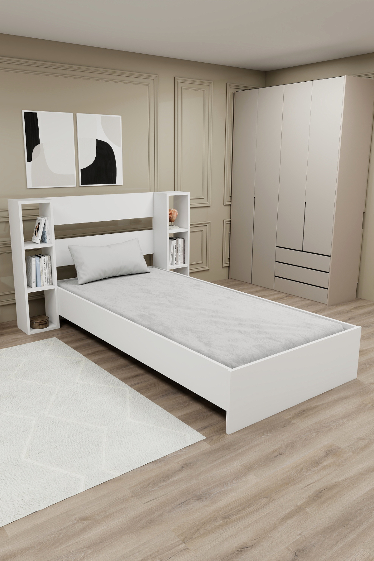 ARNETTİ Smart 90x190 Ölçülerinde Yatak Uyumlu Raflı Tek Kişilik Karyola, Beyaz - Smart