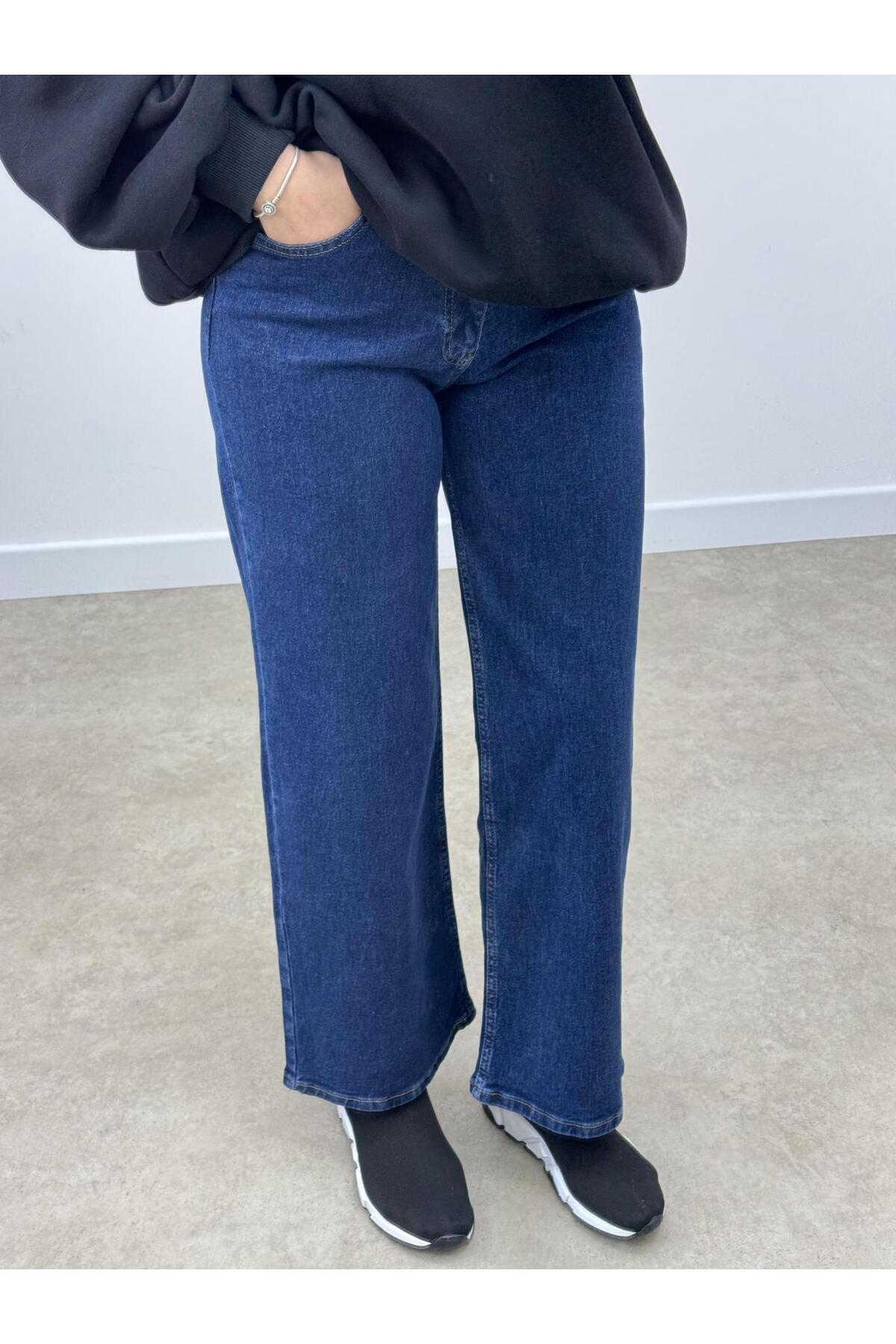 CHUL  KADIN MAVİ BOL PAÇA KOT PANTOLON - JEAN - GENİŞ BEDEN ARALIĞI