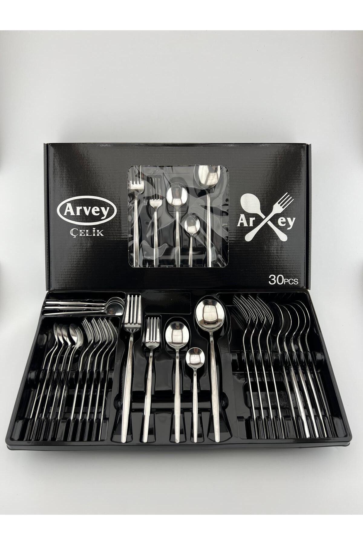 ARVEY Round Yeni Nesil 30 Parça 6 Kişilik Çatal Kaşık Takımı Paslanmaz Çelik (Kutulu)