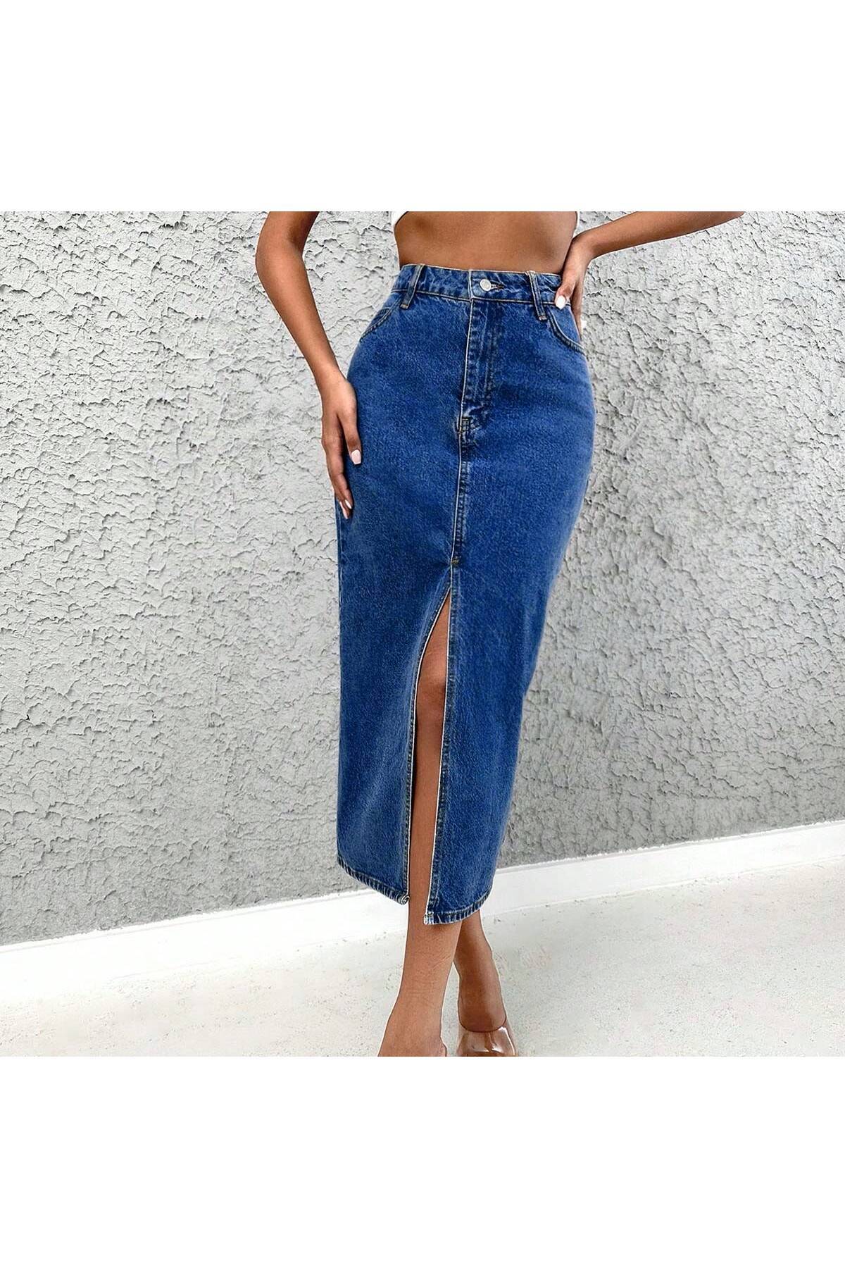 Dema  Kadın Denim Esnek Kumaş Yırtmaçlı Uzun Etek - Görsel 3