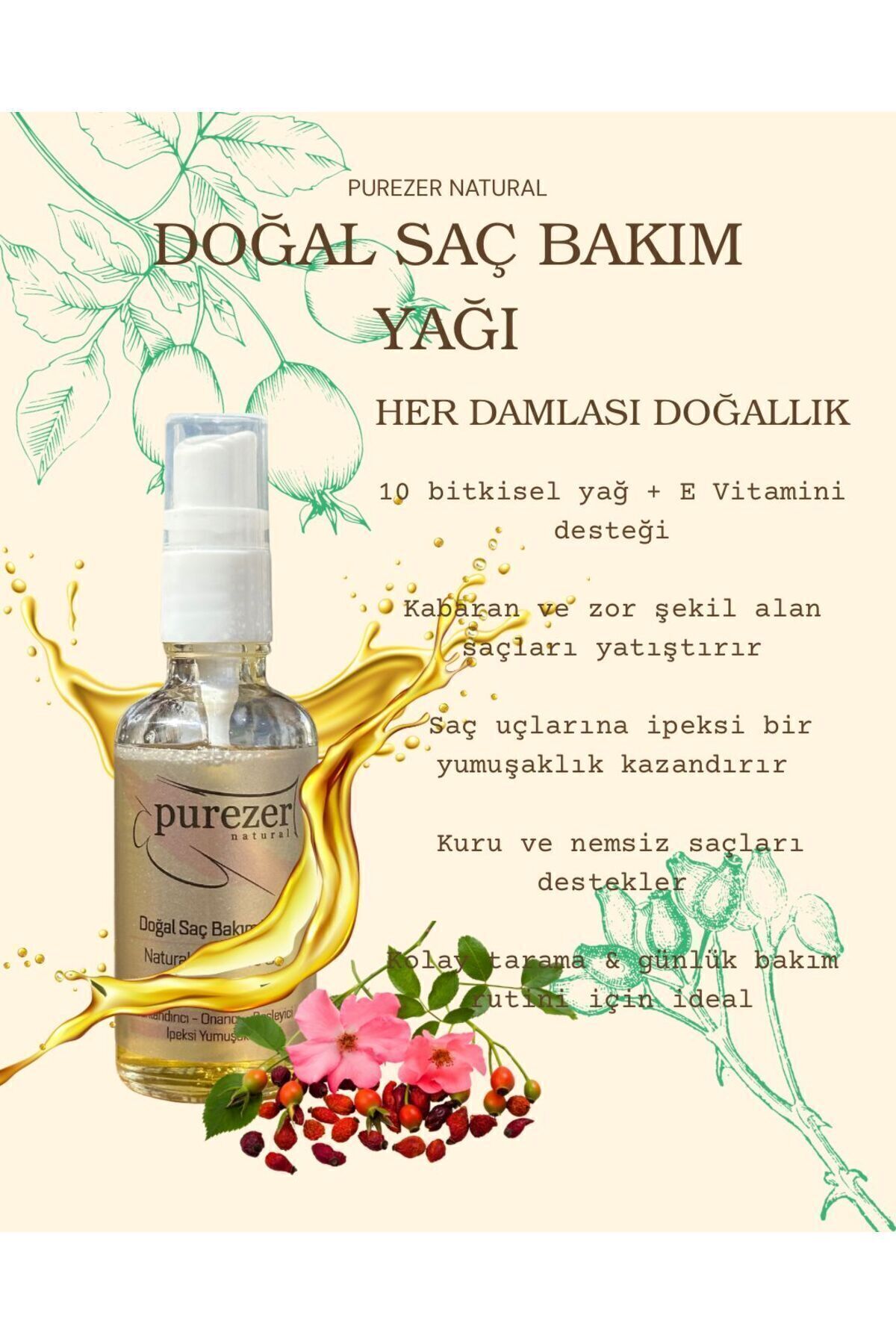 Doğal Saç Bakım Yağı 50 ml | E Vitaminli Bitkisel Içerik | Canlandırıcı Ve Besleyici — SSMPRZRSÇBKM — تصویر 5 از 7