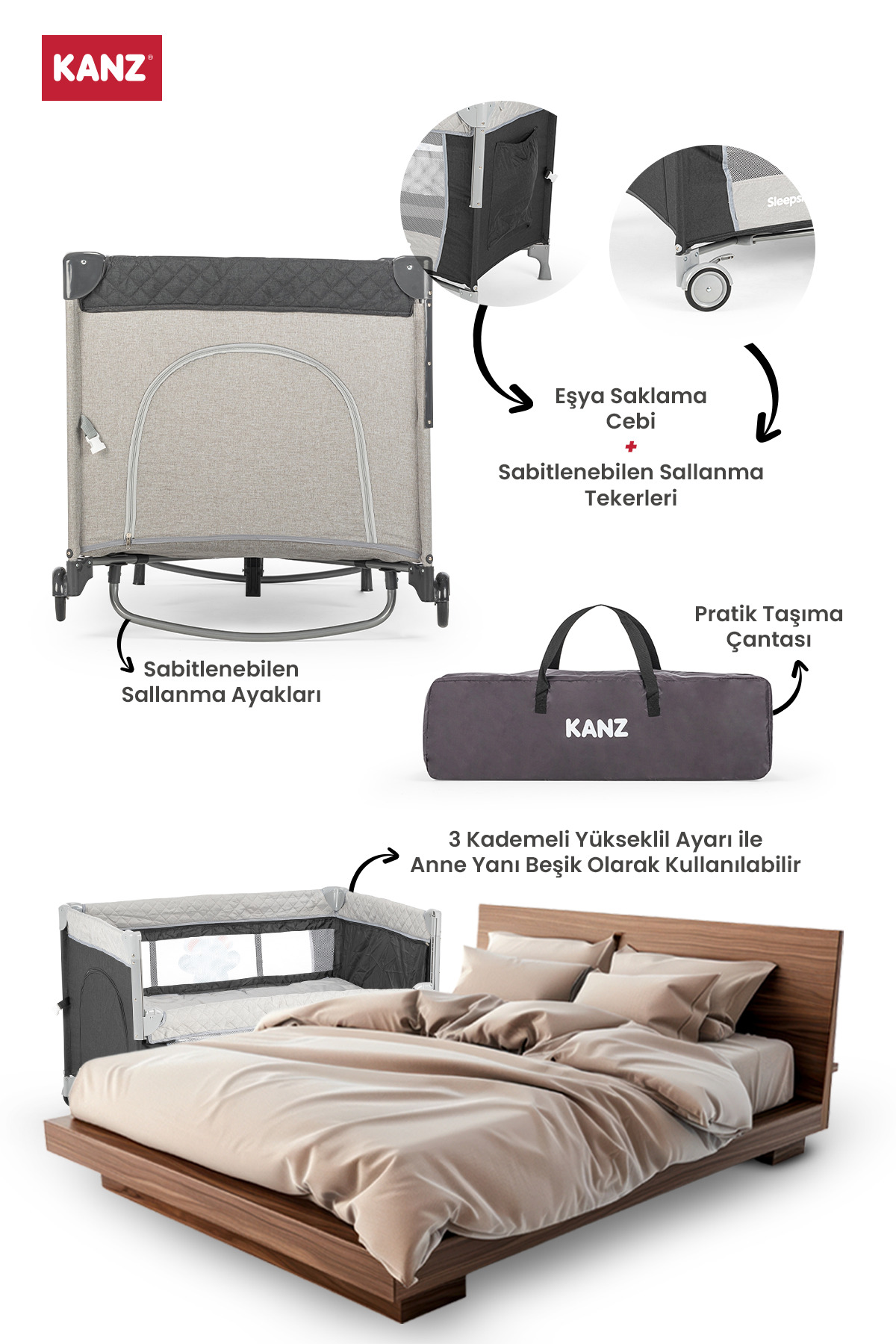 Kanz Sleepside +Plus Anne Yanı Park Yatak Siyah - Yatak Hediyeli fotoğrafı 2 (önizleme)