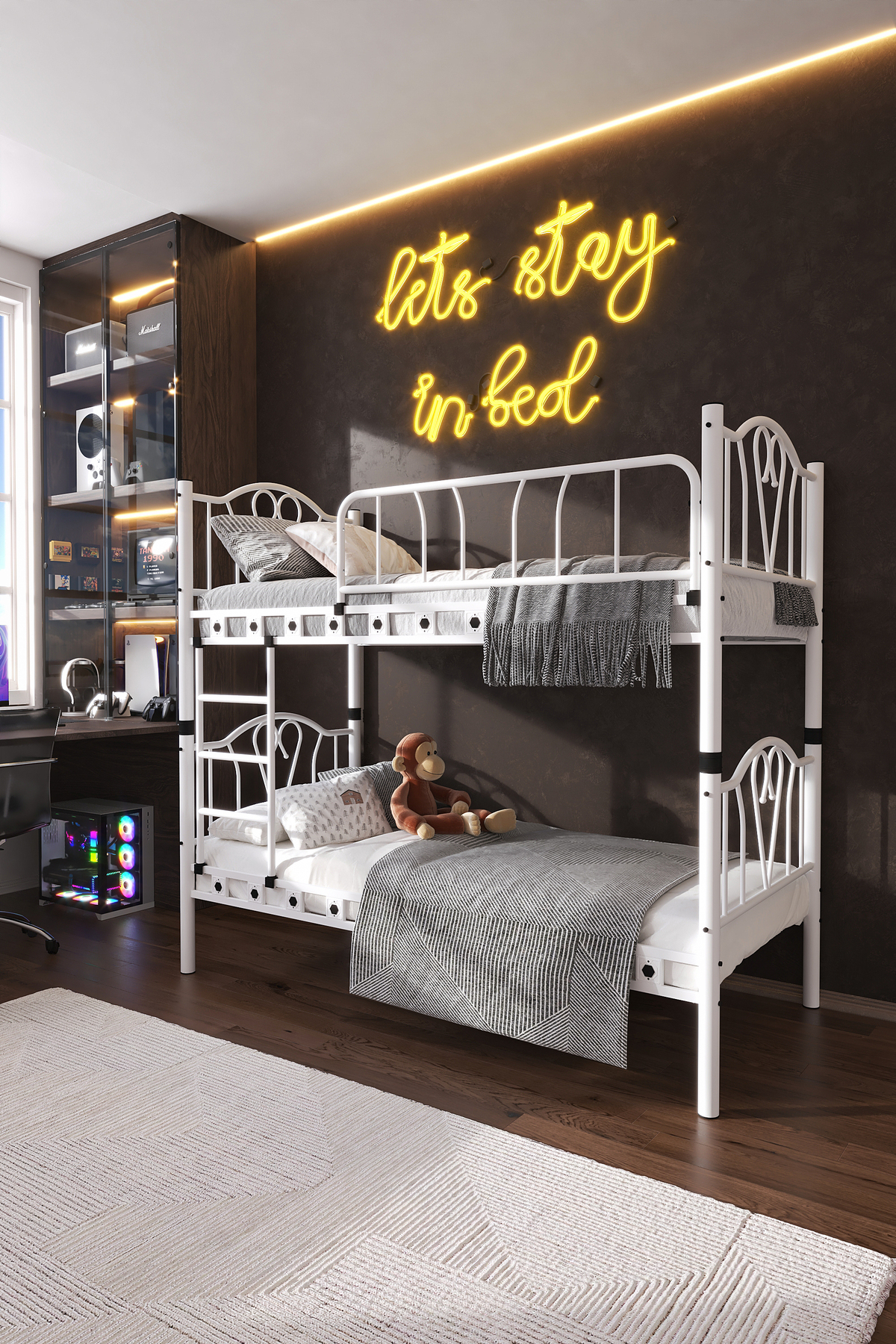Orchid Young Children's Room Metal Bunk Bed and Bedstead 90x190 White