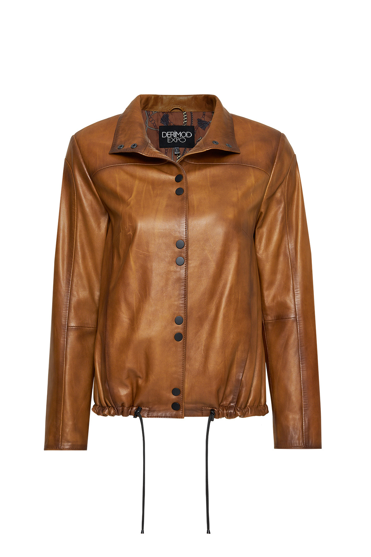 کاپشن چرمی زنانه لوپز مدل یقه ماندارین قهوه‌ای کد 24WGE5181NC Derimod