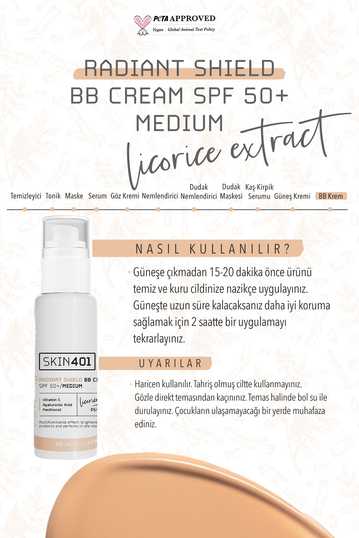 کرم بی بی روشن کننده SPF 50+، 50 میلی لیتر - رنگ متوسط، ضد آفتاب رنگی و یکنواخت کننده رنگ پوست — Skin401-600 — تصویر 4 از 7