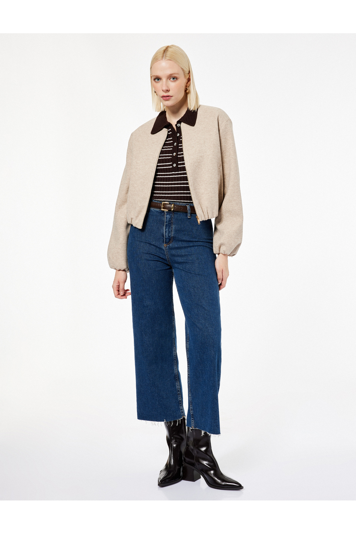 Zippered Crew Neck Long Sleeve Crop Stitching College Bomber Jacket