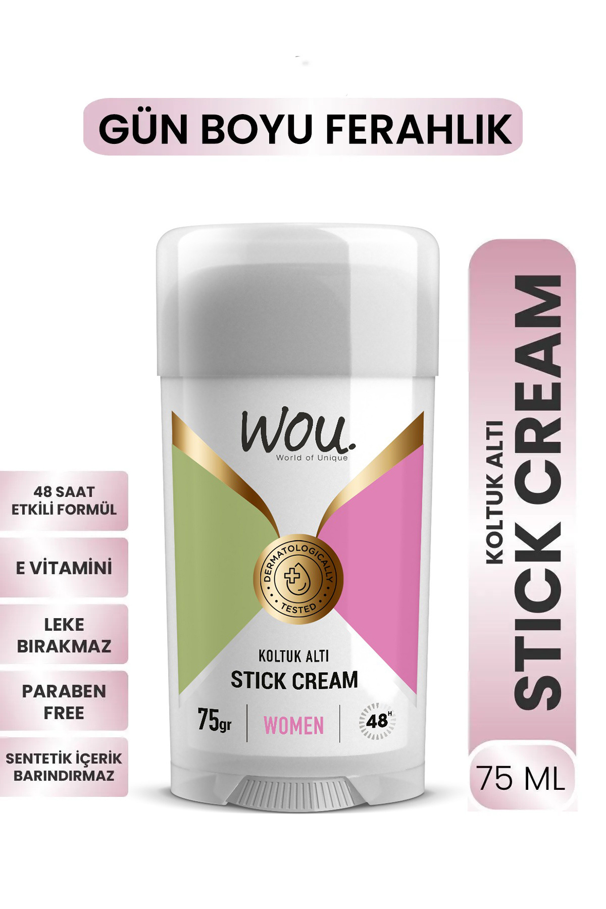 WOU World of Unique Stick Krem, Koltuk Altı Terleme Önleyici 48 Saat Etkin Koruma Vegan, Kadın Koltuk Altı Stick 75ml