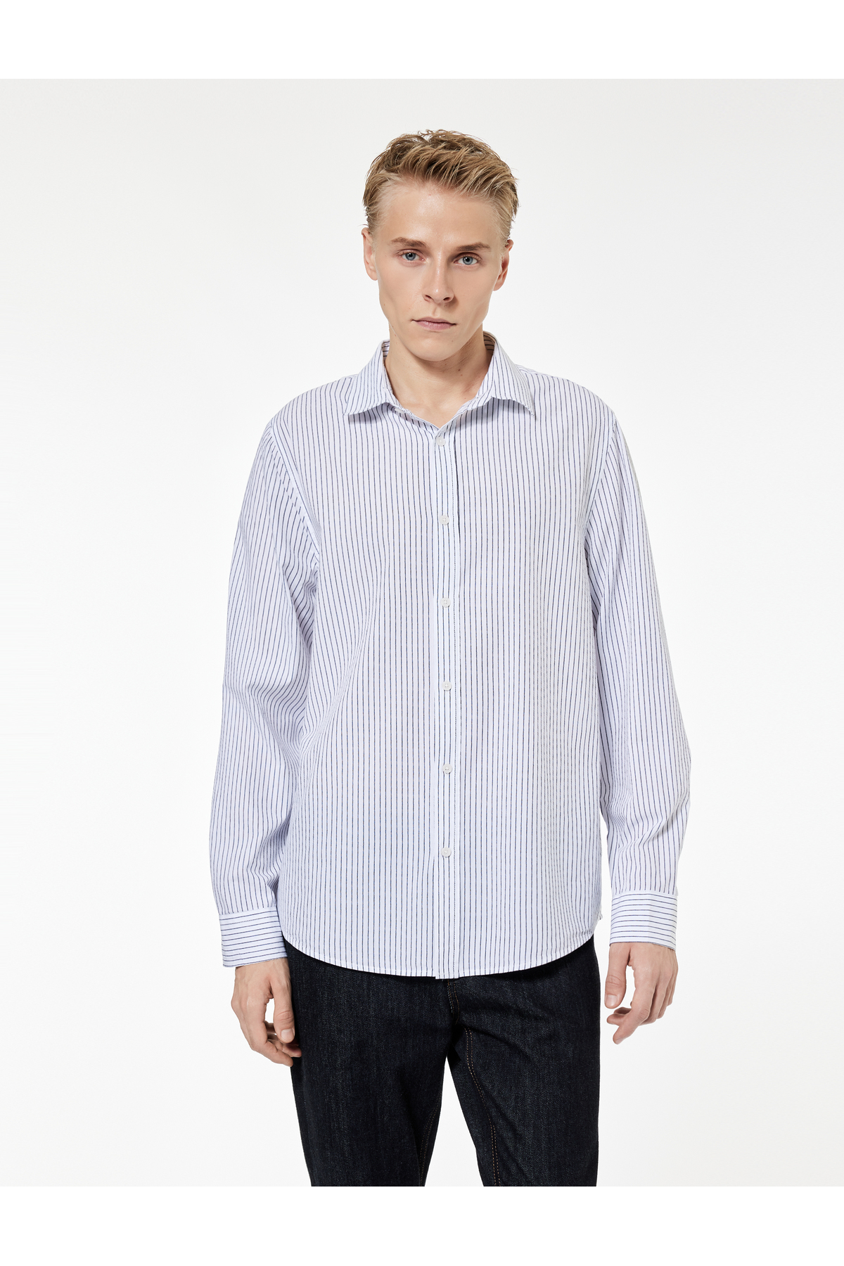 کوتون پیراهن آستین بلند نخی یقه کلاسیک معمولی فیت