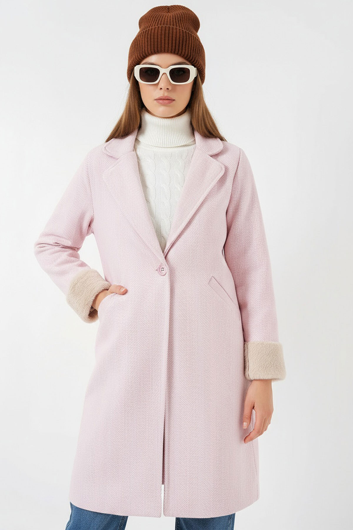 Bigdart  9145 Kadın Kolları Tüylü Balık Sırtı Kaşe Kaban - Pudra - Görsel 2