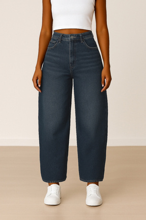 CEDY DENIM Kadın Koyu Mavi Skater Baggy Yüksek Bel Cotton Jean Pantolon C615-...