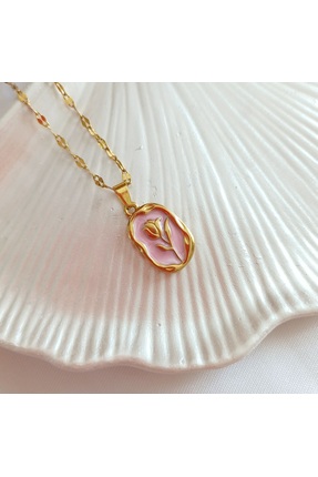 stainless steell Gold gül detaylı çelik kolye pembe