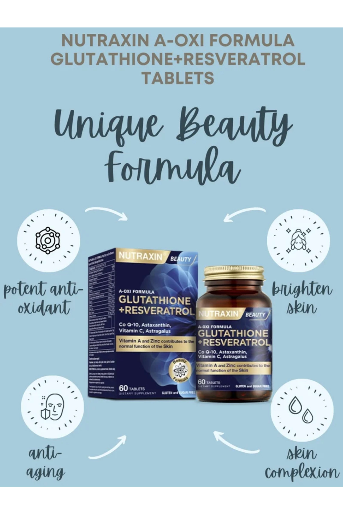 glutathione and resveratrol Nutraxin A-Oxi Formula Glutathione + Resveratrol Skin Whitening 60 Tablets-  Trendyol