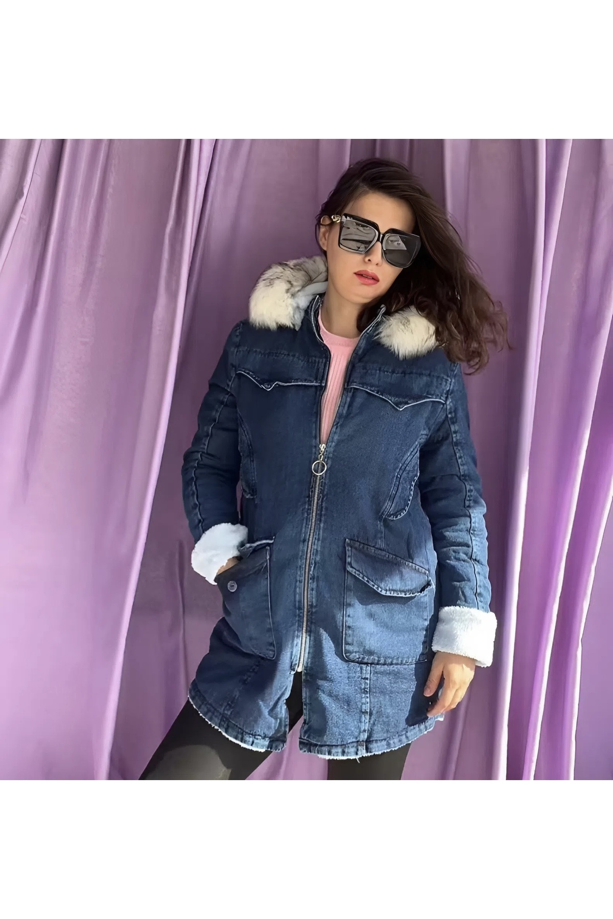 Tunicom İçi kürklü kapşonlu büyük beden kot mont