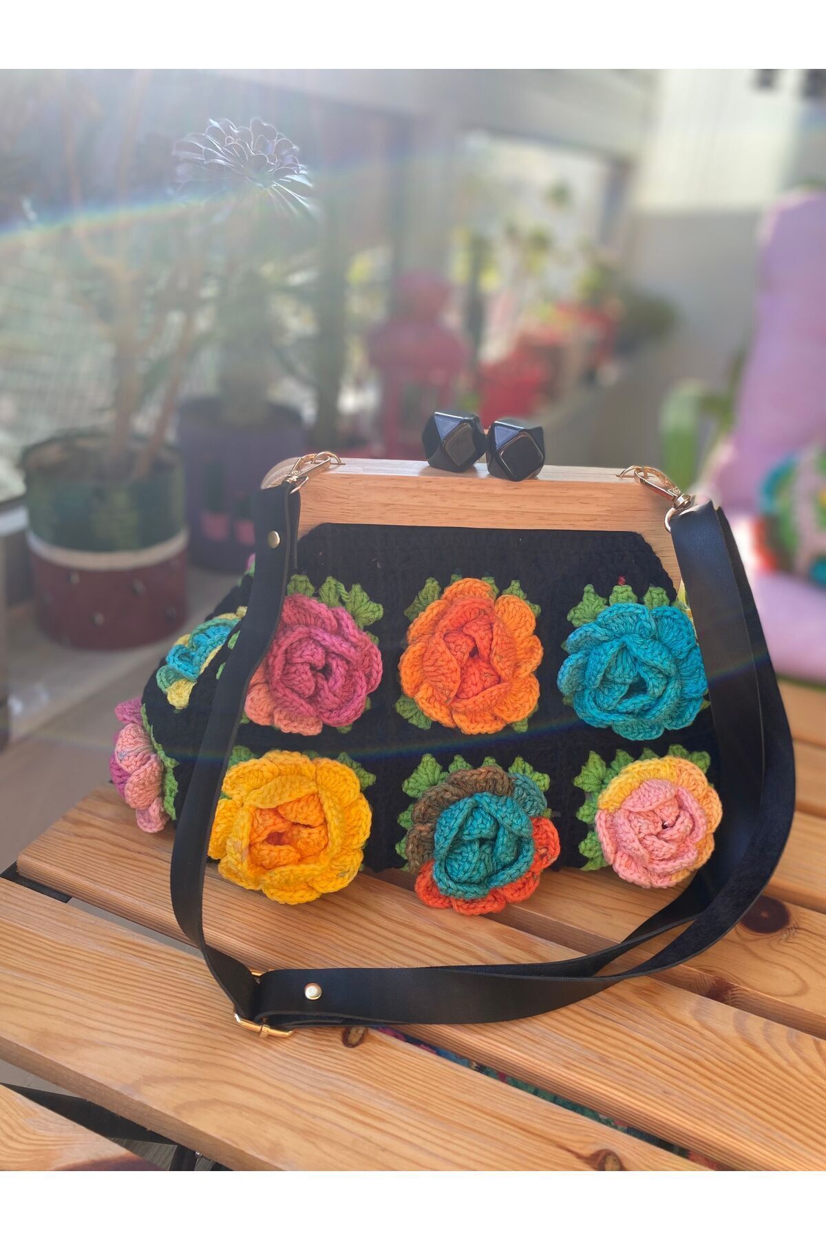 Satürn Hobi Örgü Ahşap Burslu Gül Motifli Clutch Çanta görsel 6