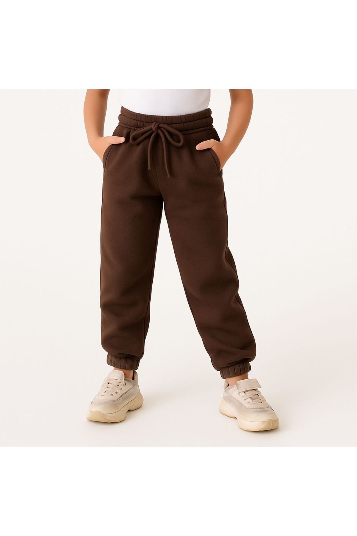 Girls-Boy Brown Winter Fleece Raised 3 Thread Jogger Pants