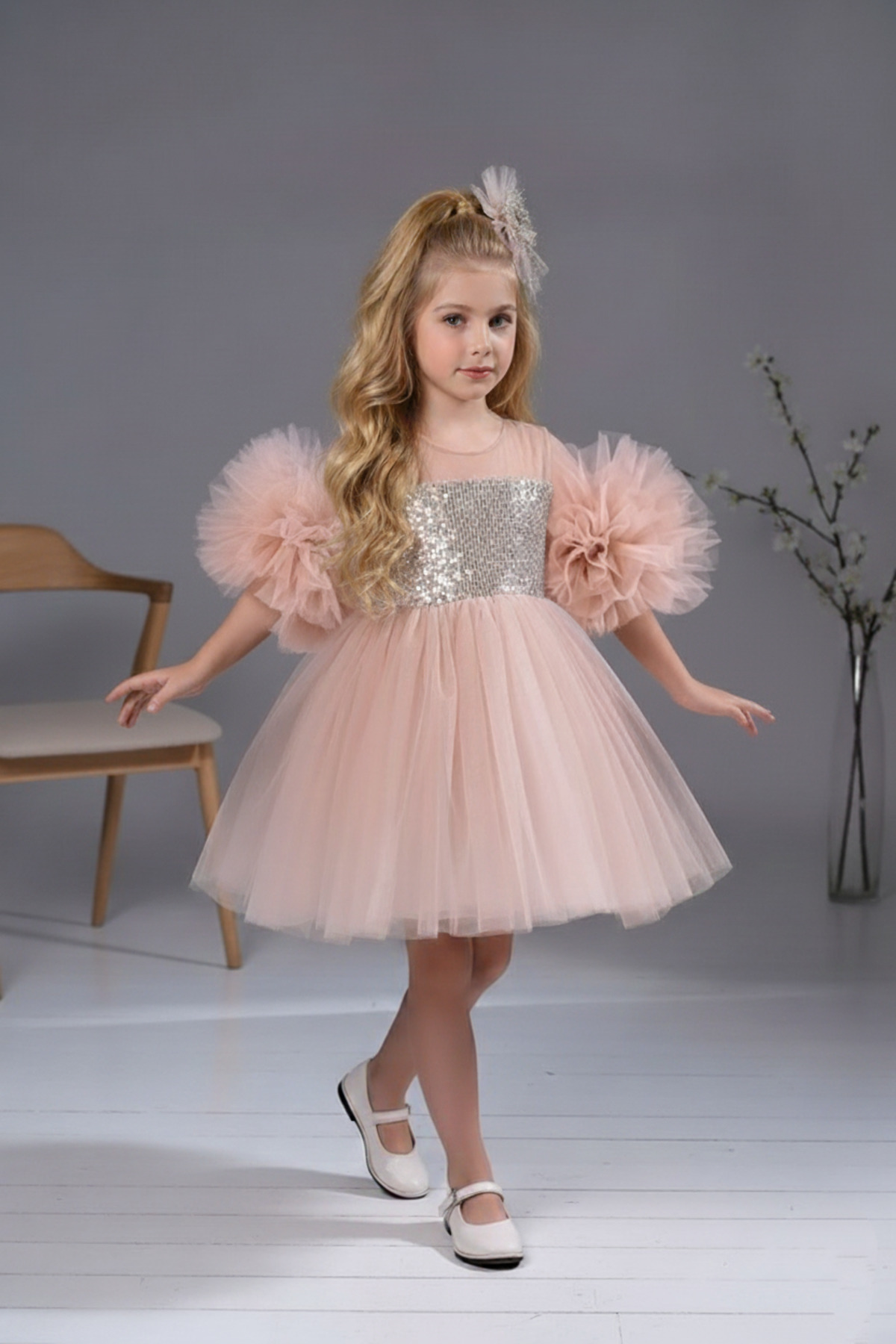 ABİYEKİDS Kol Detaylı Ponponlu Tokalı Pudra Renk Çocuk Abiye Aby458 fotoğrafı 3 (önizleme)