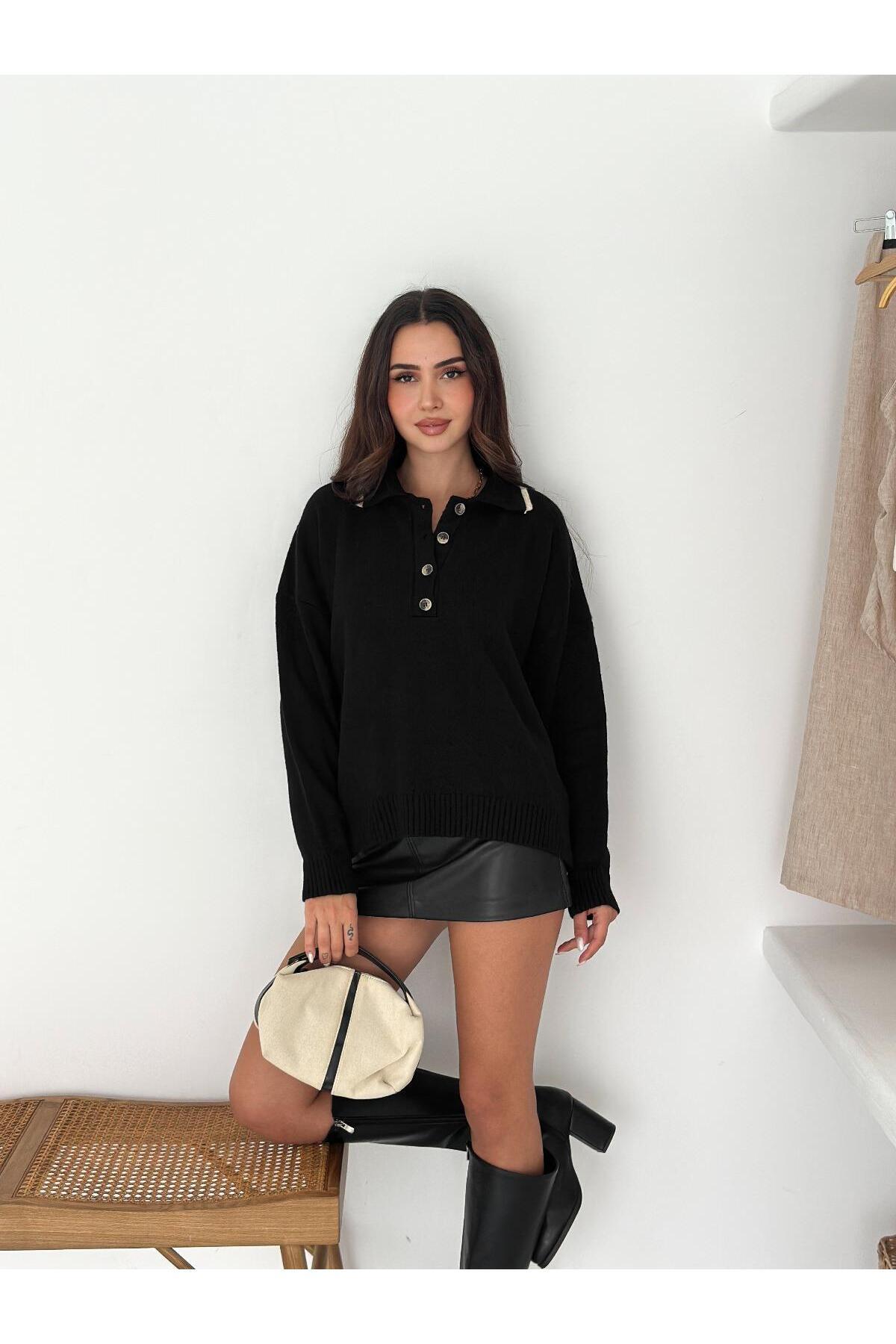 Polo Yaka Düğmeli Yumuşak Dokulu Triko Kazak