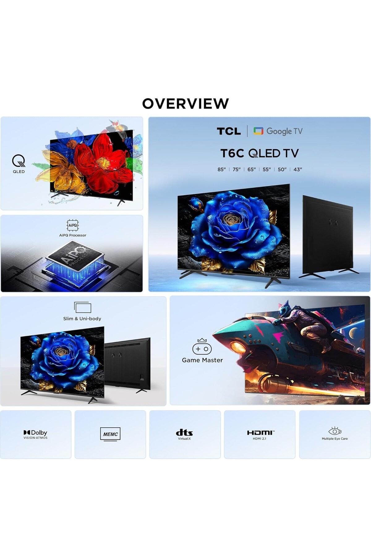 TCL 50T6C 50\" 127 Ekran Uydu Alıcılı 4K Ultra HD Google QLED TV 2025