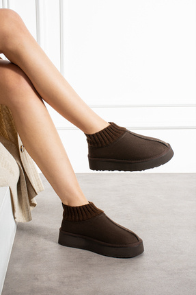 pasyone Kahverengi Kadın Triko Boğazlı Kalın Taban Süet İçi Kürklü Şık Günlük...