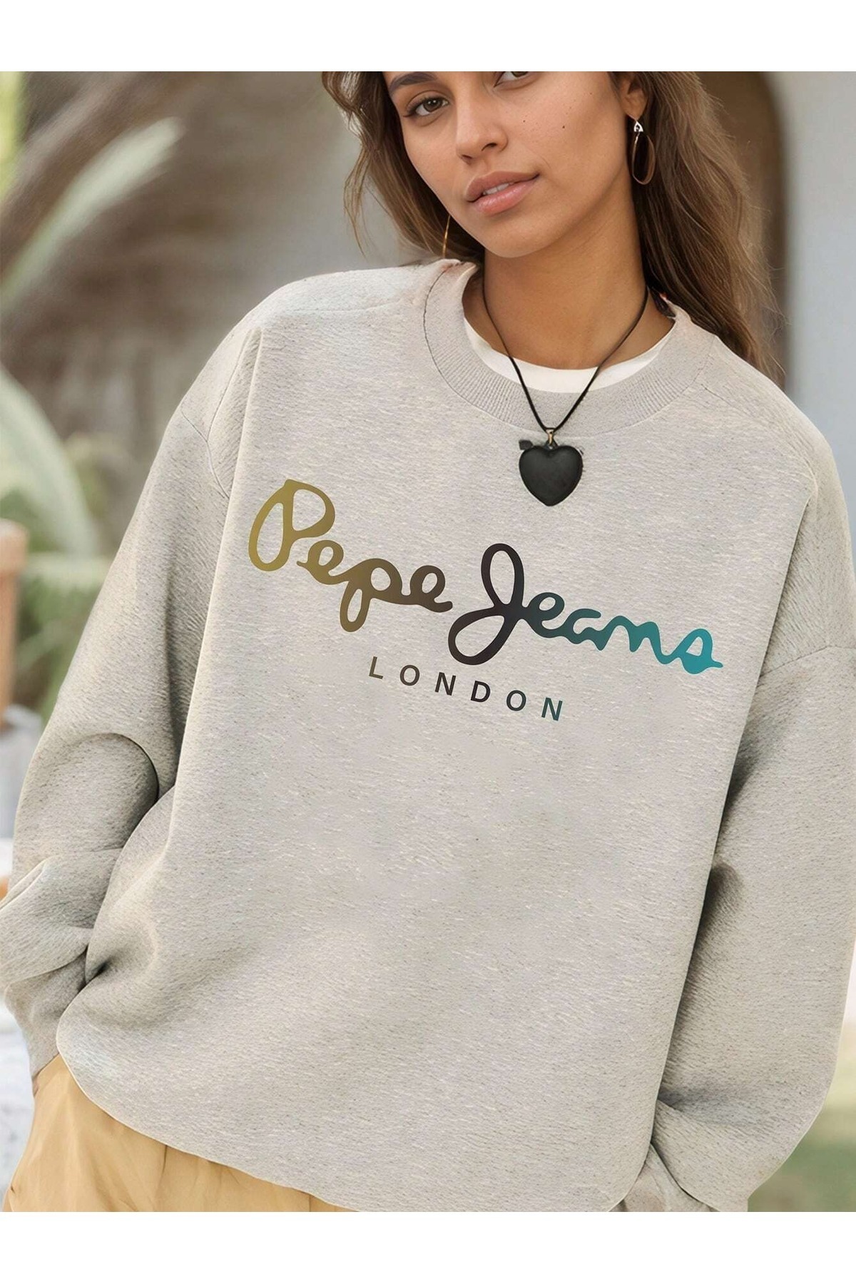 Women's Gray Melange Pepe London Printed Crew Neck Oversize Sweatshirt