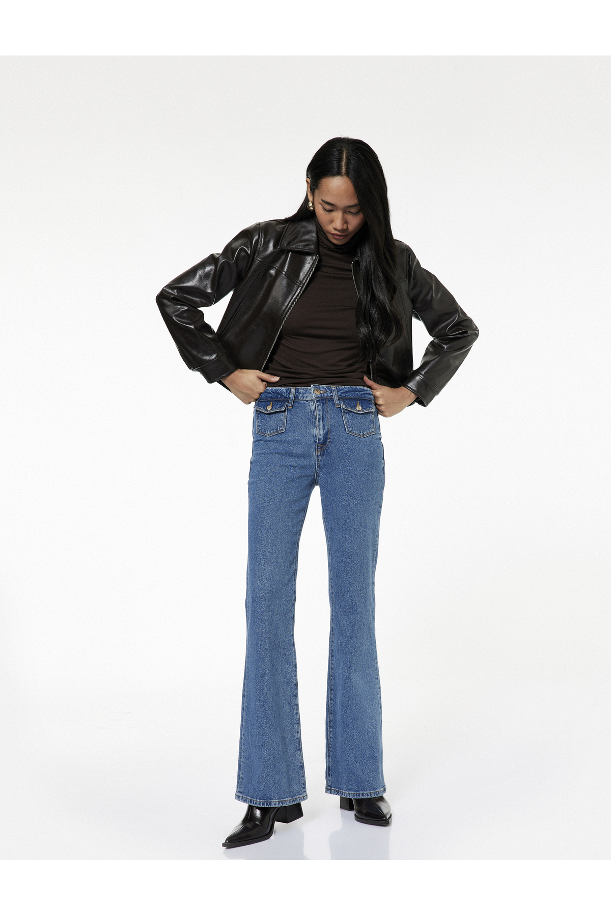 [Yüksek Bel Düğmeli Cepli Dar Kalıp İspanyol Paça Jean Pantolon - Flare Jeans]