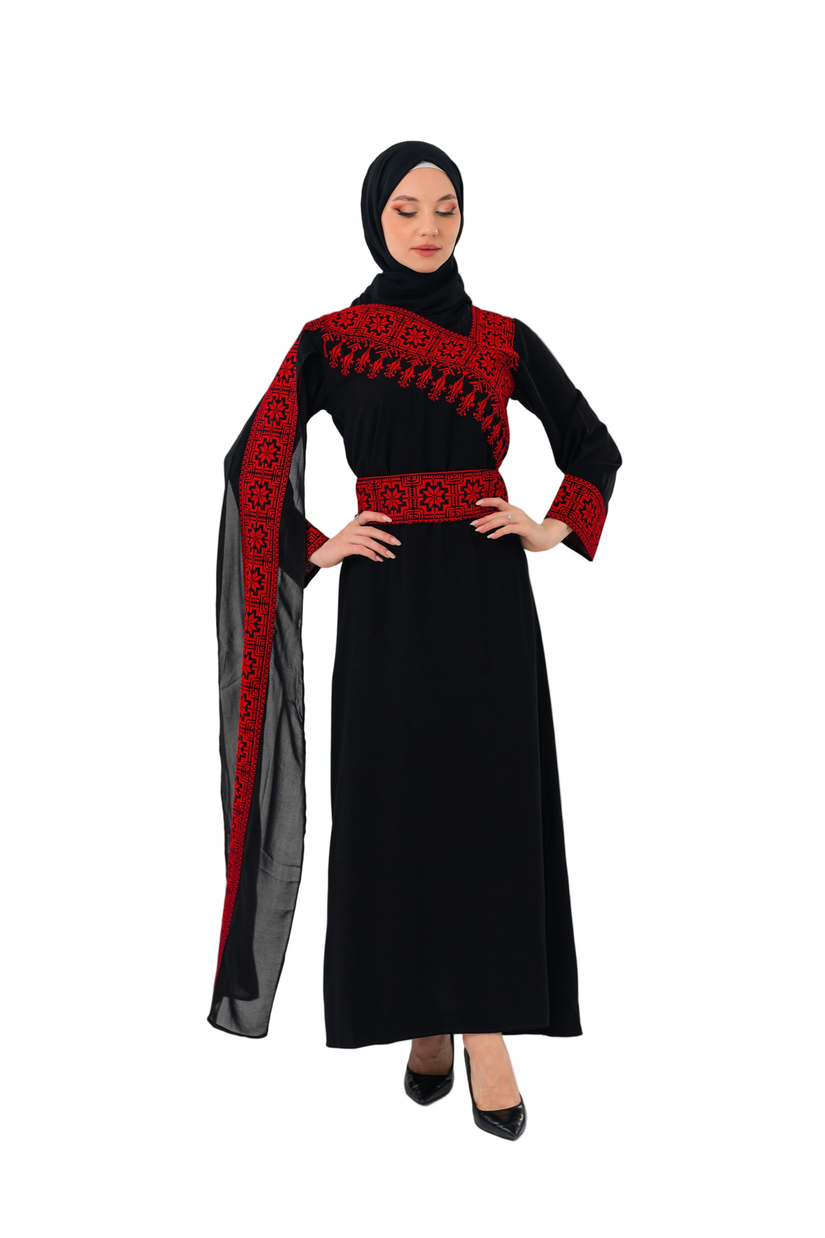 Zaytoon Slanted Shoulder Long And Open Sleeve Palestine Embroidered Dress M-3xl C100050