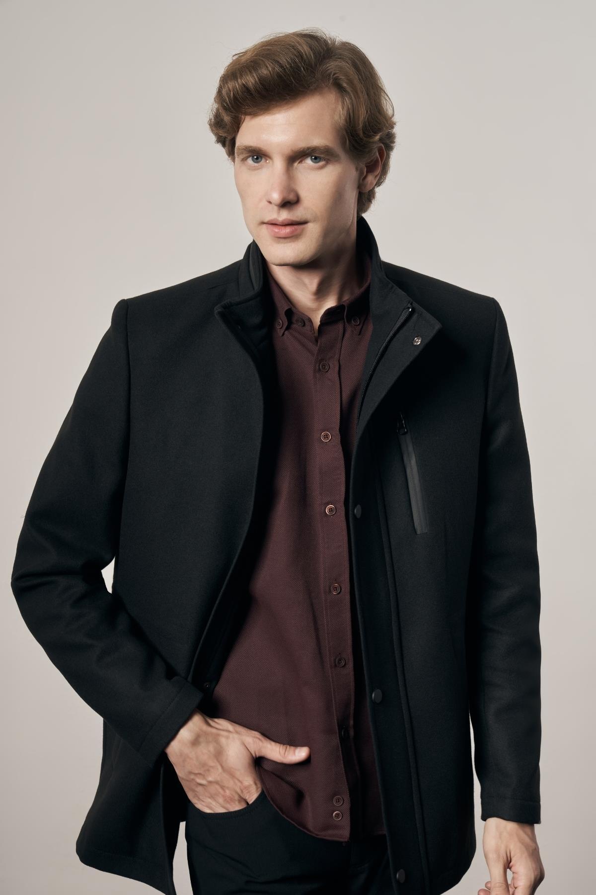 İmza  Siyah Dik Yaka Tam Astar Classic Slim Fit Esnek Kaşe Kaban 1008255150