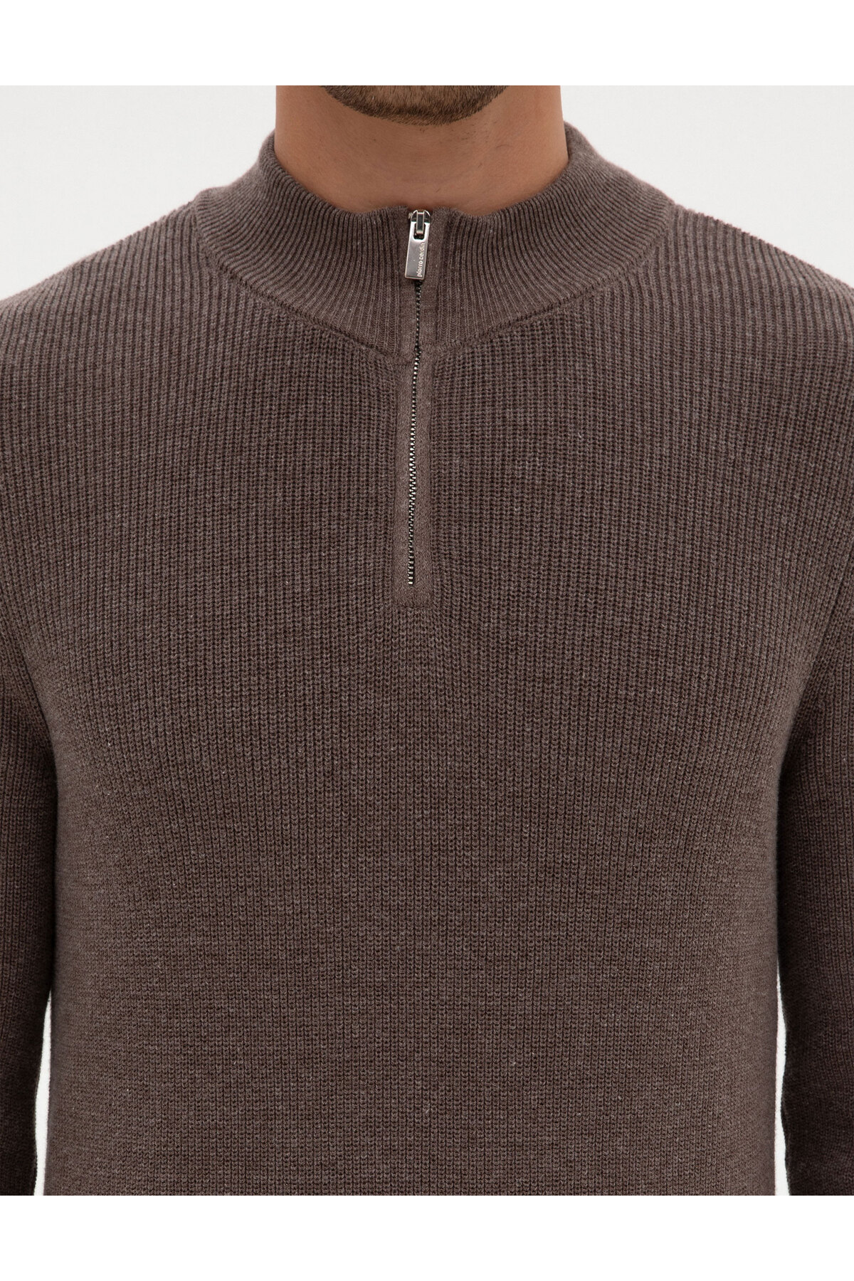 Pierre Cardin Vizon Melanj Slim Fit Dik Yaka Fermuarlı Triko Kazak 50317363-VR174 görsel 6