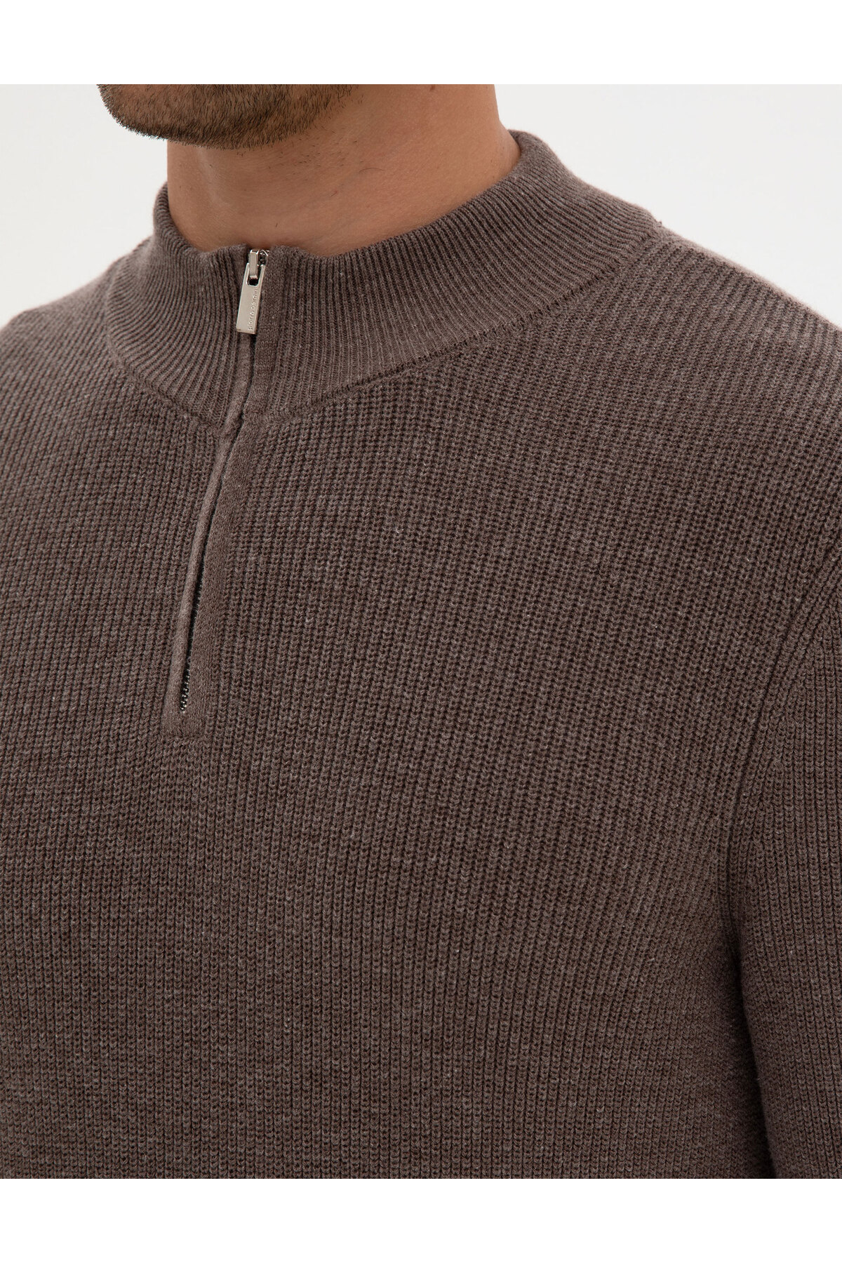 Pierre Cardin Vizon Melanj Slim Fit Dik Yaka Fermuarlı Triko Kazak 50317363-VR174 görsel 7