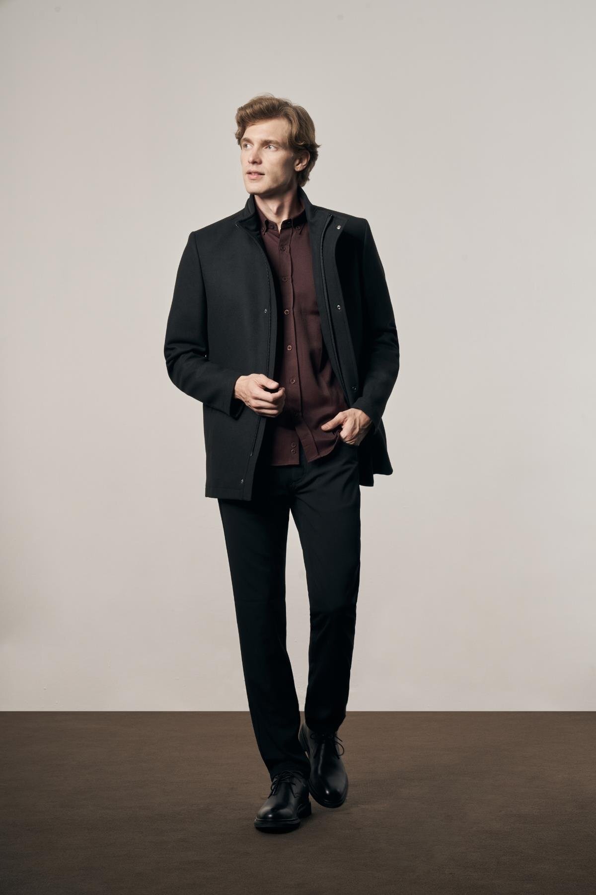İmza  Siyah Dik Yaka Tam Astar Classic Slim Fit Esnek Kaşe Kaban 1008255150 - Görsel 4