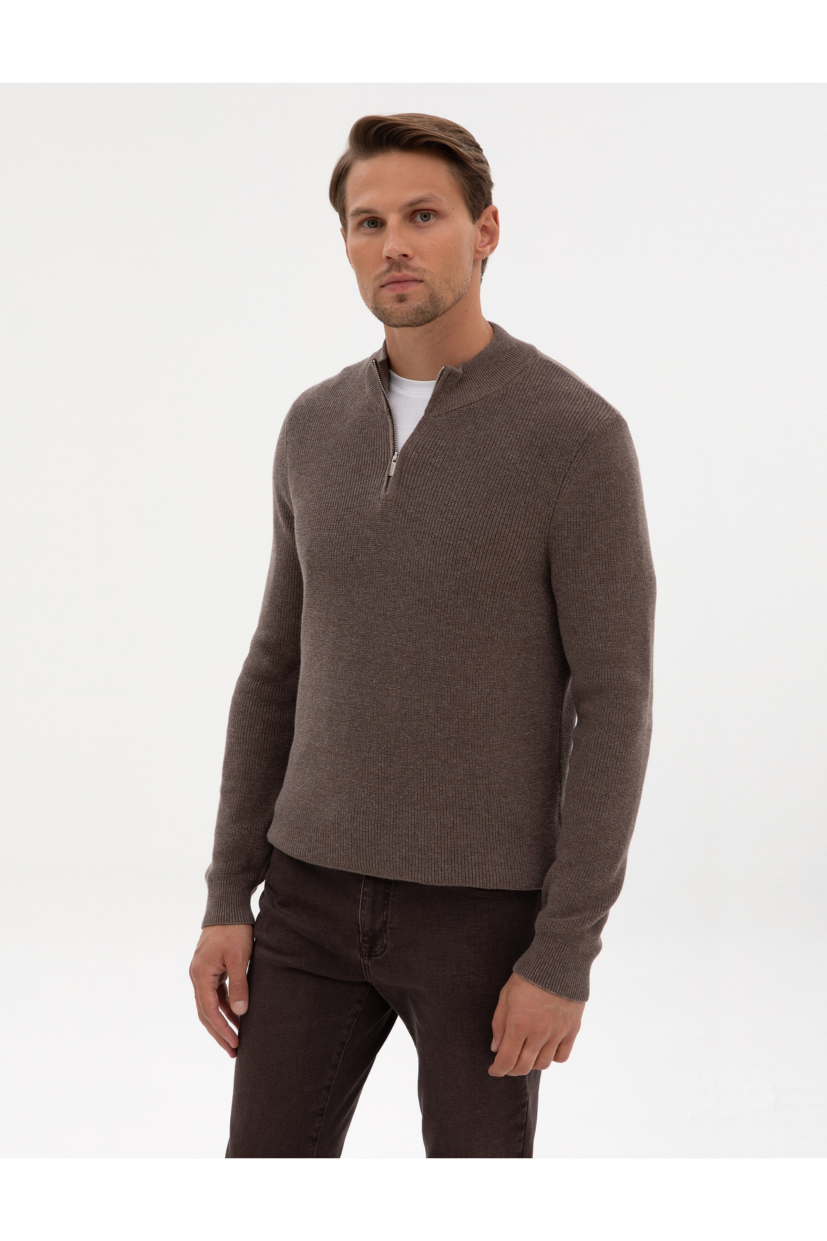 Pierre Cardin Vizon Melanj Slim Fit Dik Yaka Fermuarlı Triko Kazak 50317363-VR174 görsel 3