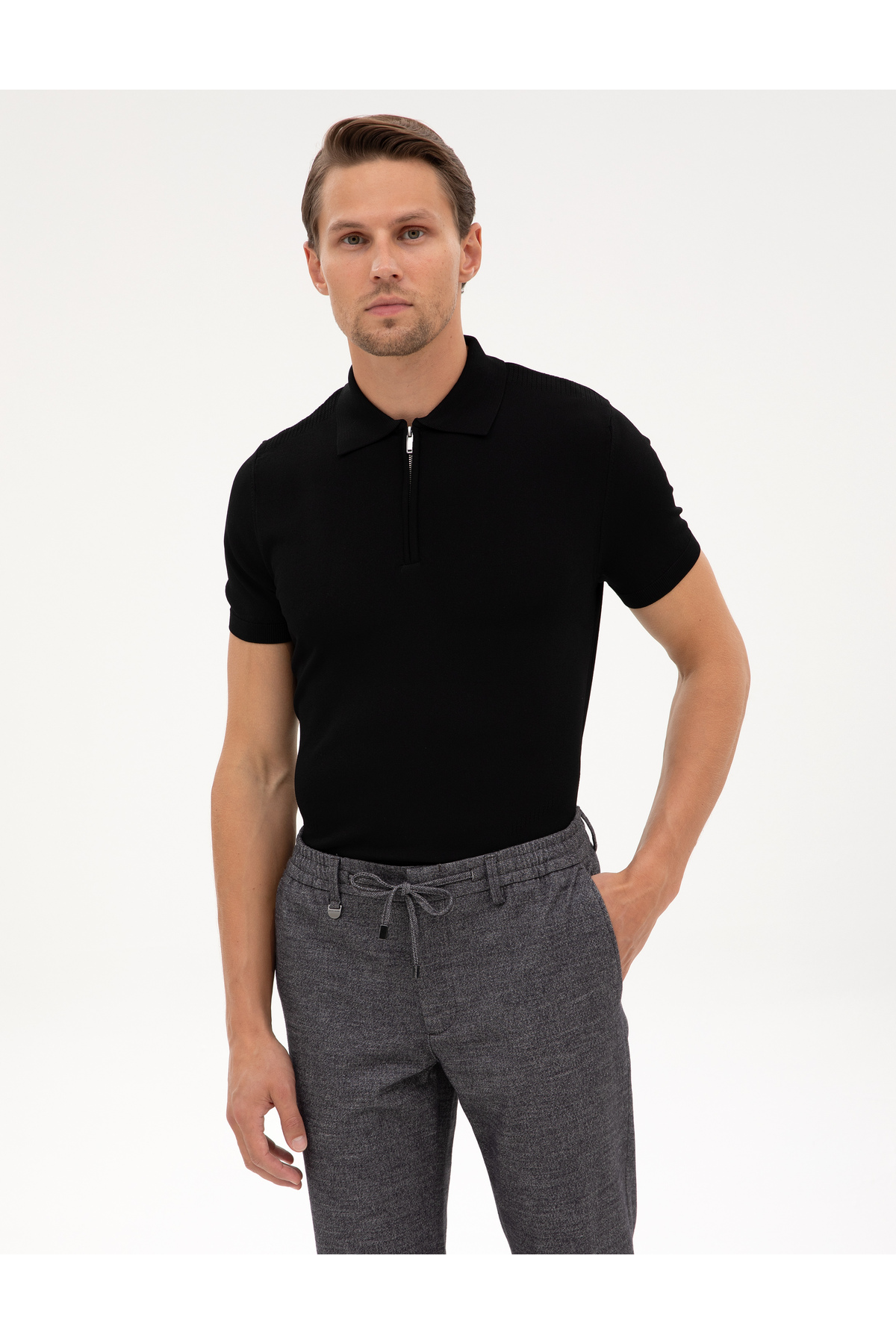 Pierre Cardin Black Slim Fit Zippered Polo Collar Knit Sweater 50302609-Vr046