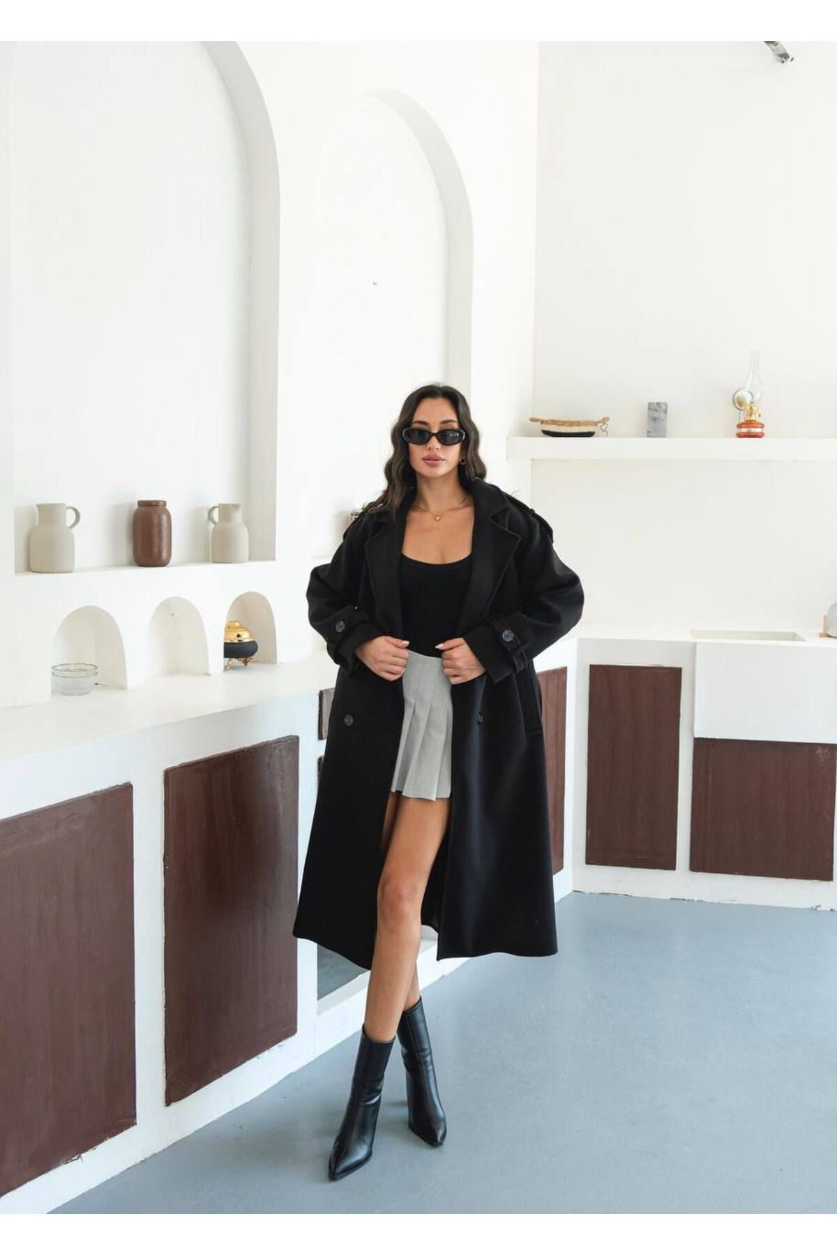 Store  Premium İthal Modern Siyah Kaşe Kaban - Görsel 2