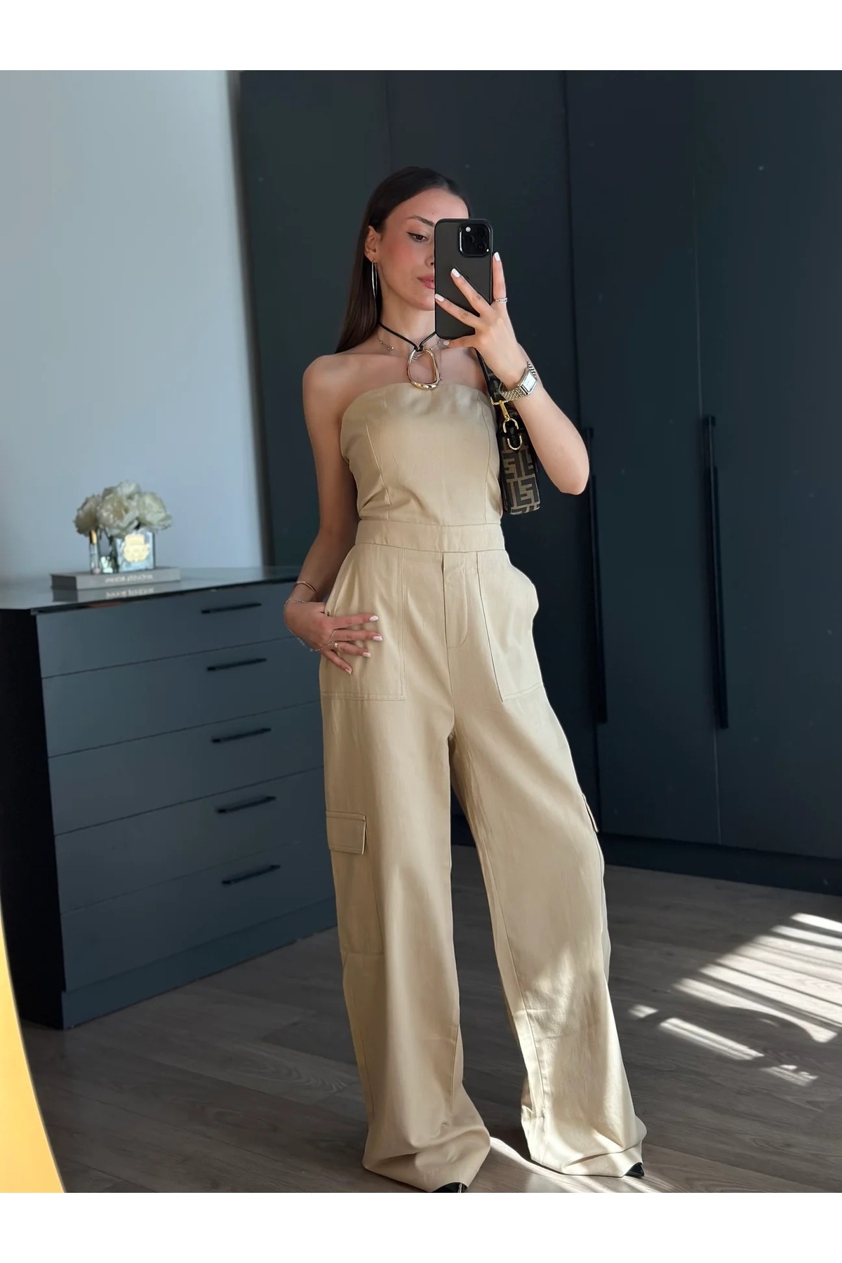 sinemcebutik Straplez Yaka Keten Tulum - Bej