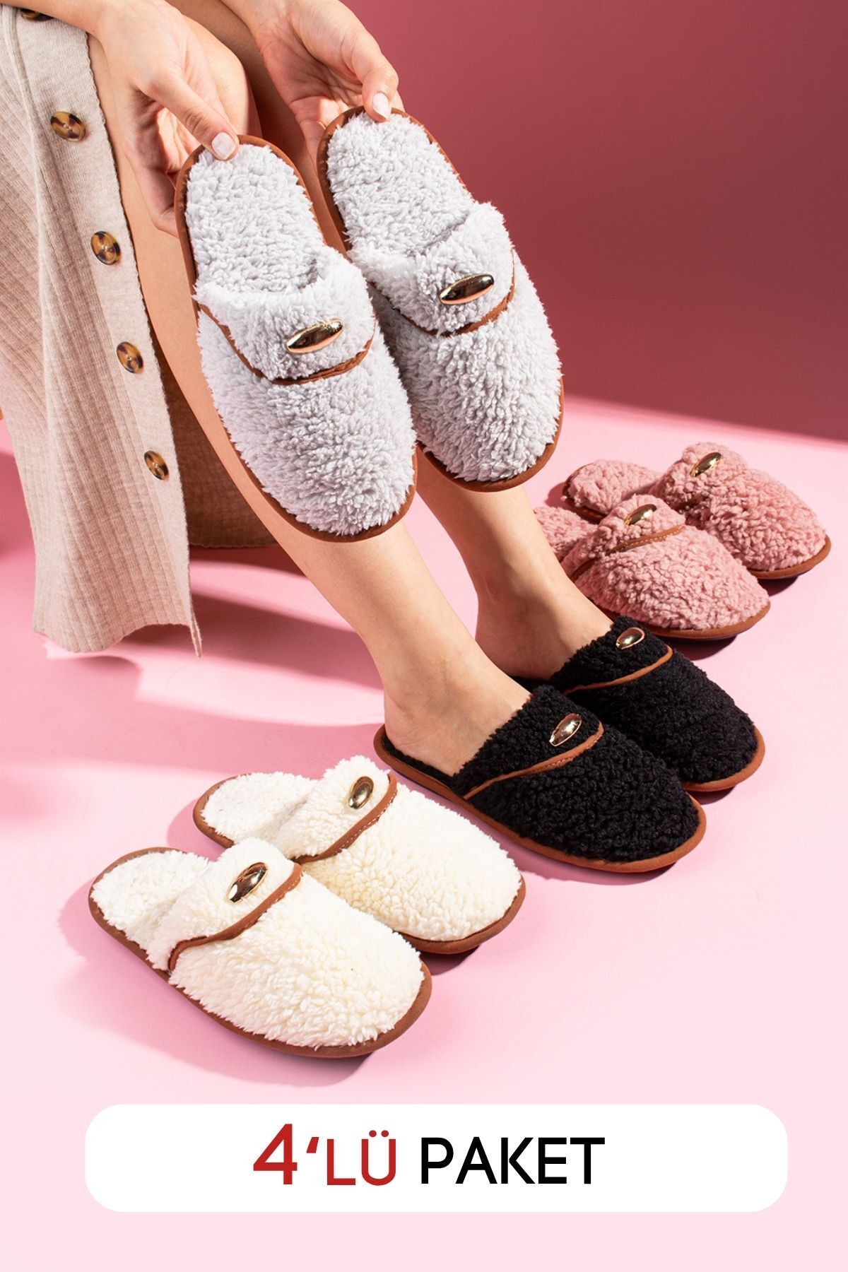 FUGA MODA Evelis 4 lü Paket Ev Terliği Çeyiz Terliği Kışlık Terlik Ses Yapmaz Kapalı Kadın Ev Terliği