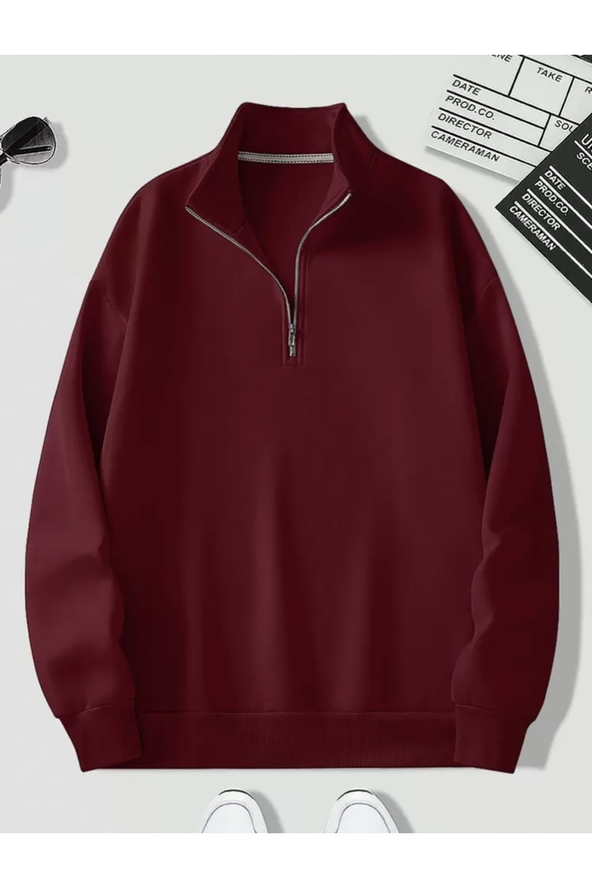 DEZZİİ Bordo Dik Yaka Düz Oversize Kazak Sweatshirt görsel 2
