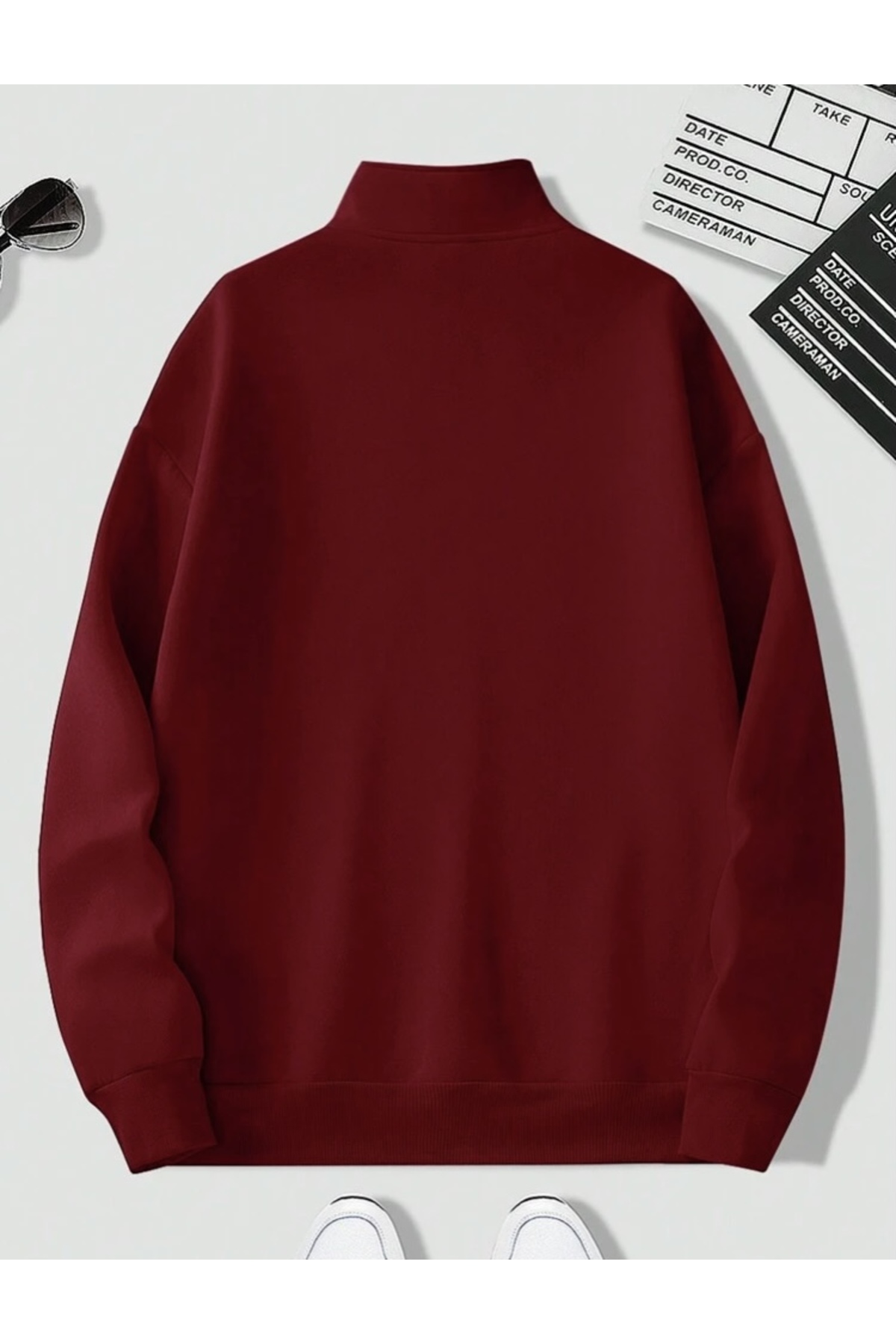 DEZZİİ Bordo Dik Yaka Düz Oversize Kazak Sweatshirt görsel 3