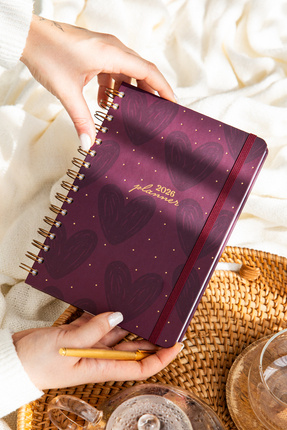 PAPERORA 2026 A5 Spiralli Haftalık Ajanda 12 Aylık - Bordo Kalp