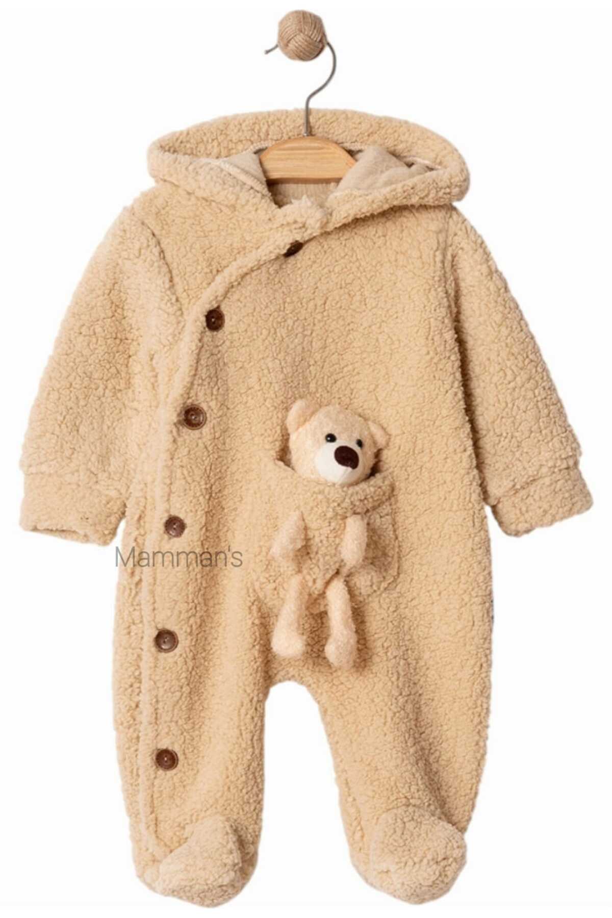 Mamman's Kışlık, Kalın Peluş, Kapüşonlu, Oyuncak Ayılı Fermuarlı Patikli Unisex, Kız Erkek Bebek Tulumu fotoğrafı 3 (önizleme)