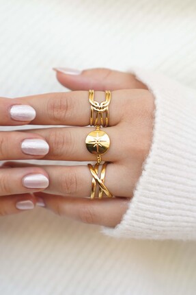 TREND COLLECTİON Kadın Altın Renk Ayarlanabilir Çelik Yüzük Set (3'lü Set)