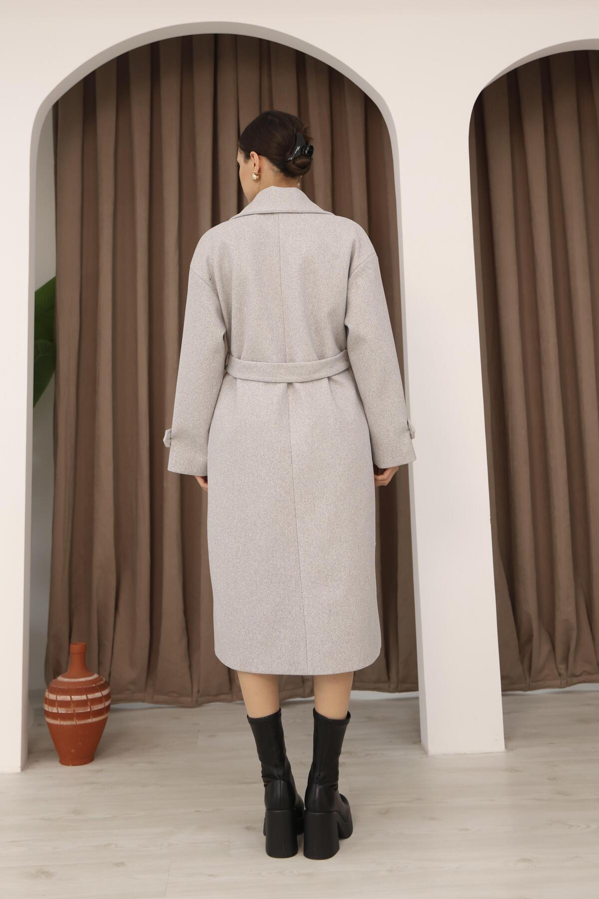 polle  Kadın Gri Kruvaze Oversize Kuşaklı Uzun Kaşe Kaban - Görsel 3