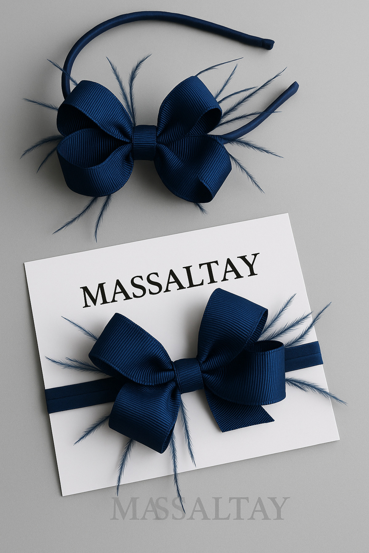 Massaltay Lacivert Fiyonk Tüylü Anne Lohusa Tacı ve Bebek Bandanası Seti - Şık Doğum Günü Aksesuarı fotoğrafı 2 (önizleme)