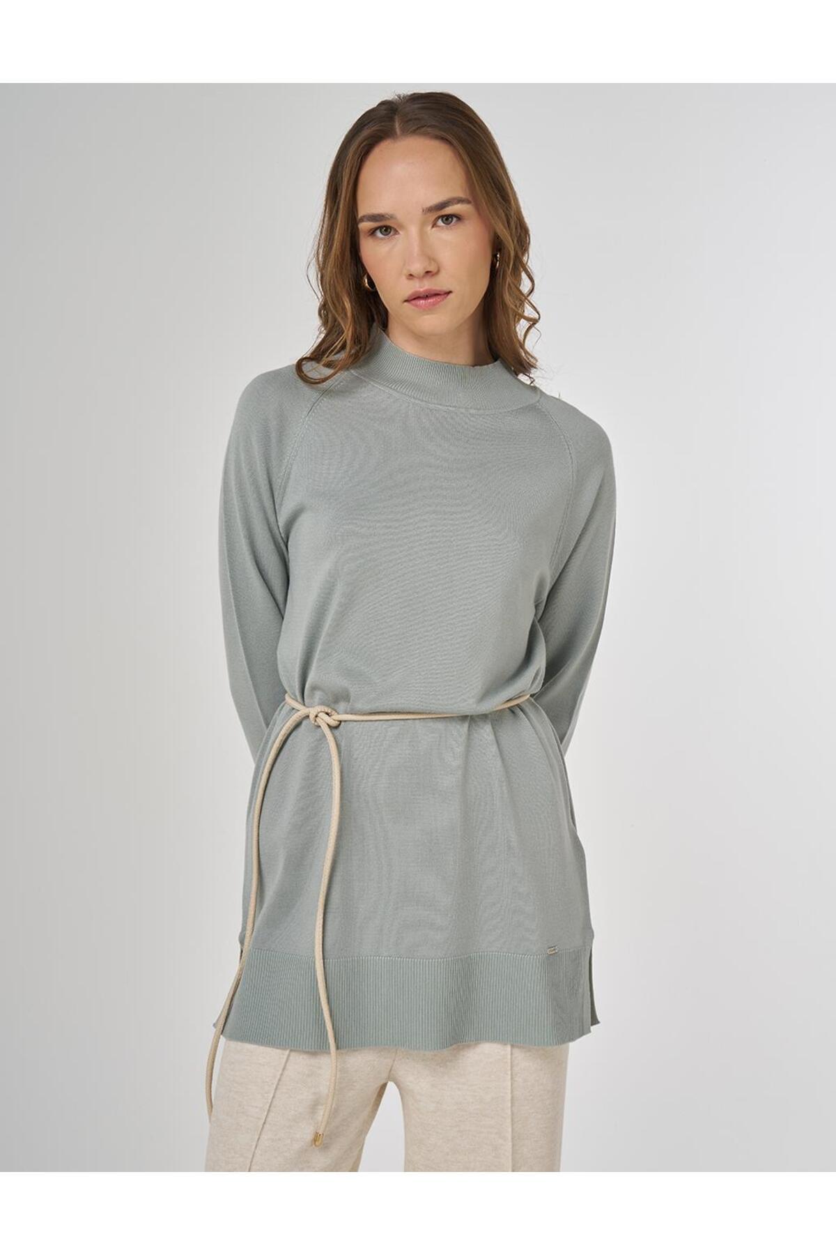 Yarım Balıkçı Yaka Viskon Triko Tunik Yosun Yeşili