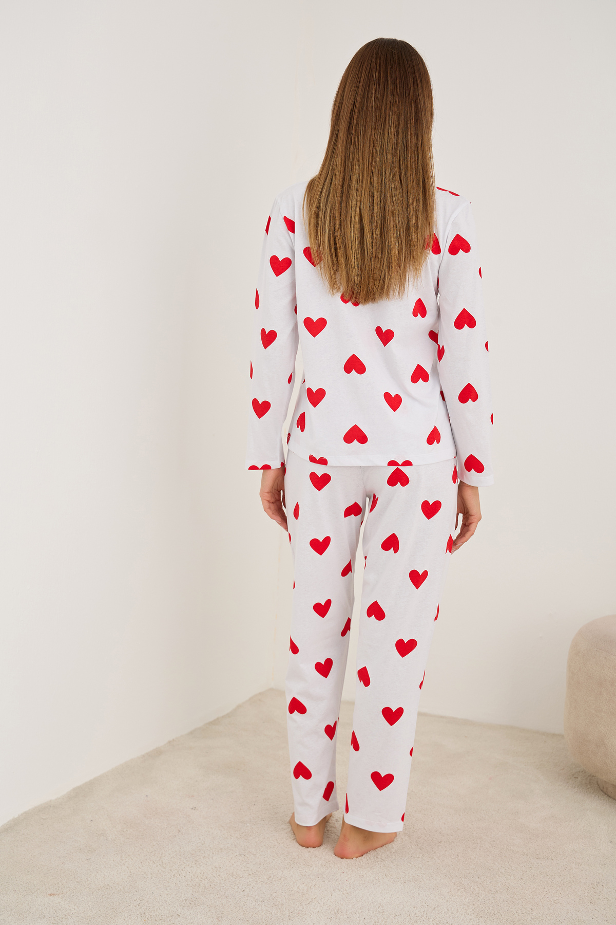 Siyah İnci beyaz kırmızı kalp baskılı Örme Pamuklu Pijama Takımı7613 görsel 3