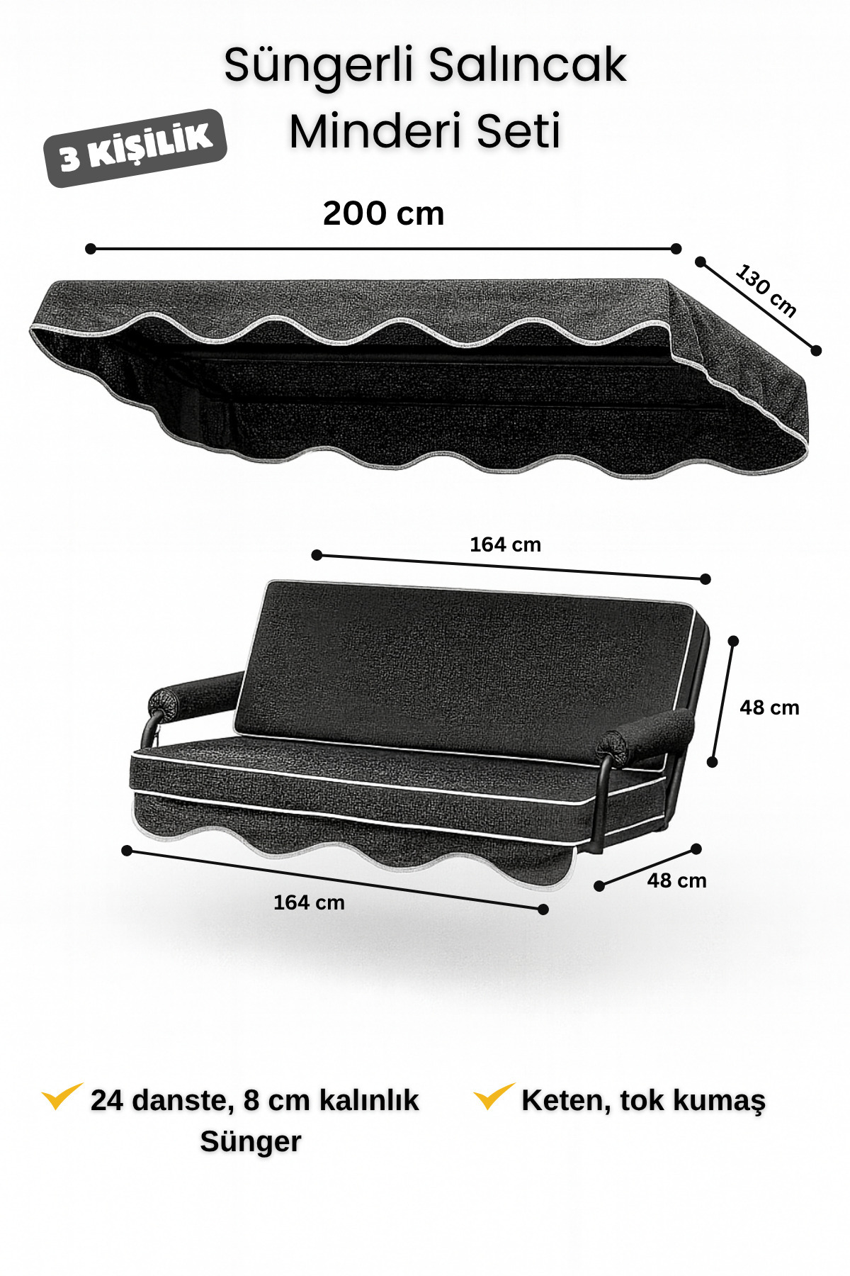 zishtekstil Keten Kumaş Süngerli Gölgelikli 3 Kişilik Salıncak Minderi 8 cm