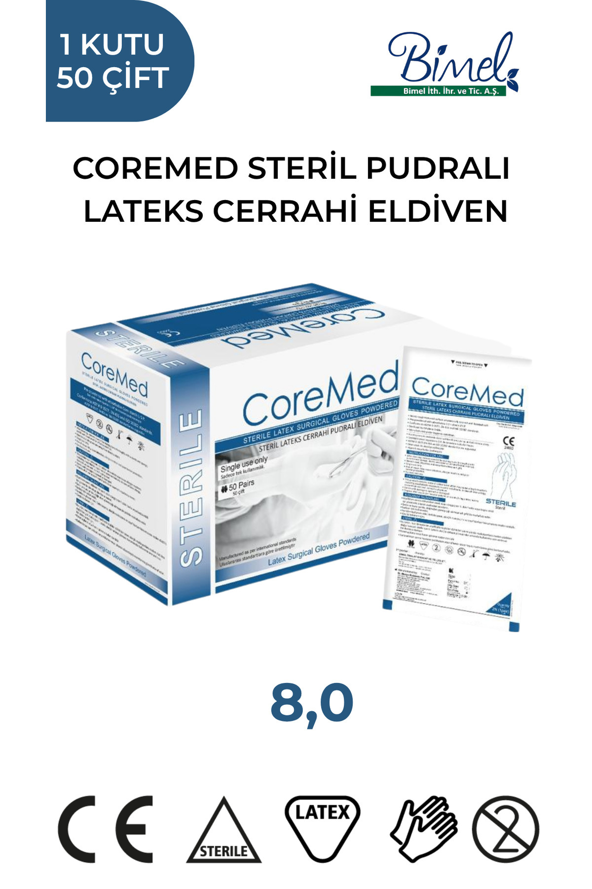 COREMED STERİL CERRAHİ LATEKS PUDRALI ELDİVEN 8