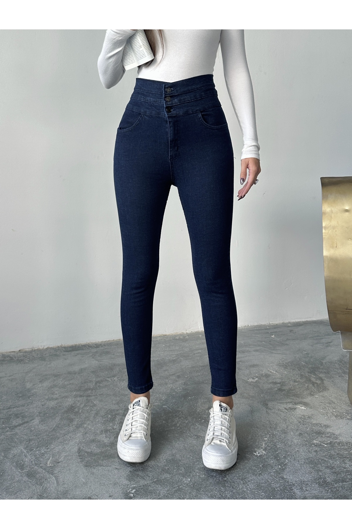 BLUE MARLIN  KADIN LACİVERT 3 KEMERLİ YÜKSEK BEL KOT DAR PAÇA PANTOLON - Görsel 2
