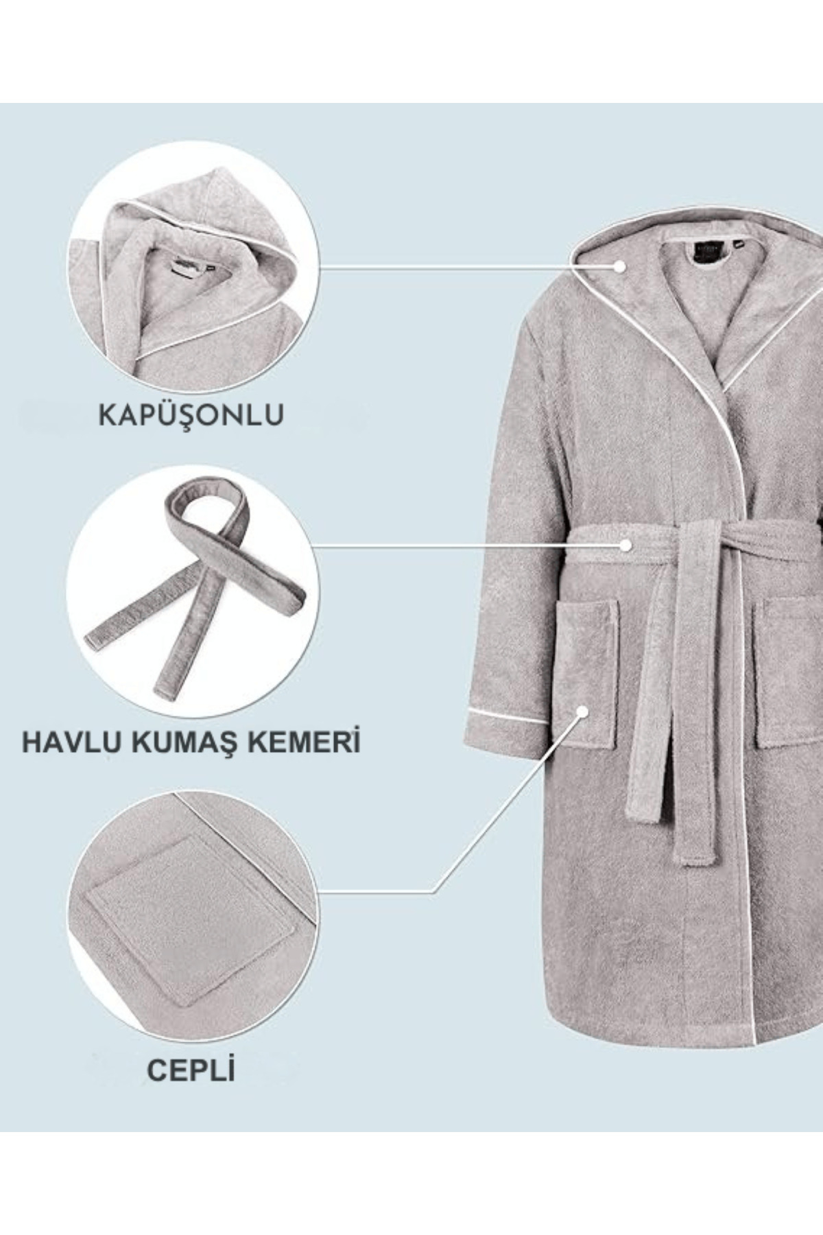 Layvera Kız-Erkek Çocuk Bornozu %100 Pamuk | Kapüşonlu – Cepli – Yumuşak – Biyeli – Gri fotoğrafı 5 (önizleme)