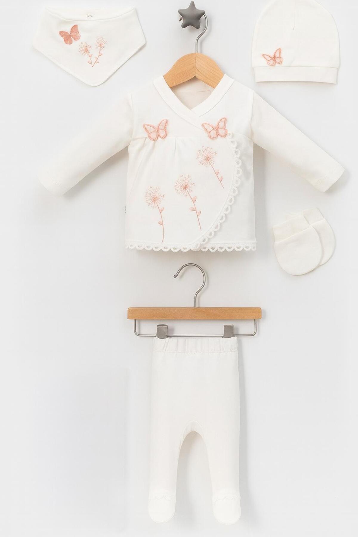 BYS BABY FASHION %100 Pamuklu Kelebek Desenli 5 Parça Yenidoğan Kız Bebek Hastane Çıkış Seti (Kutulu ) fotoğrafı 4 (önizleme)