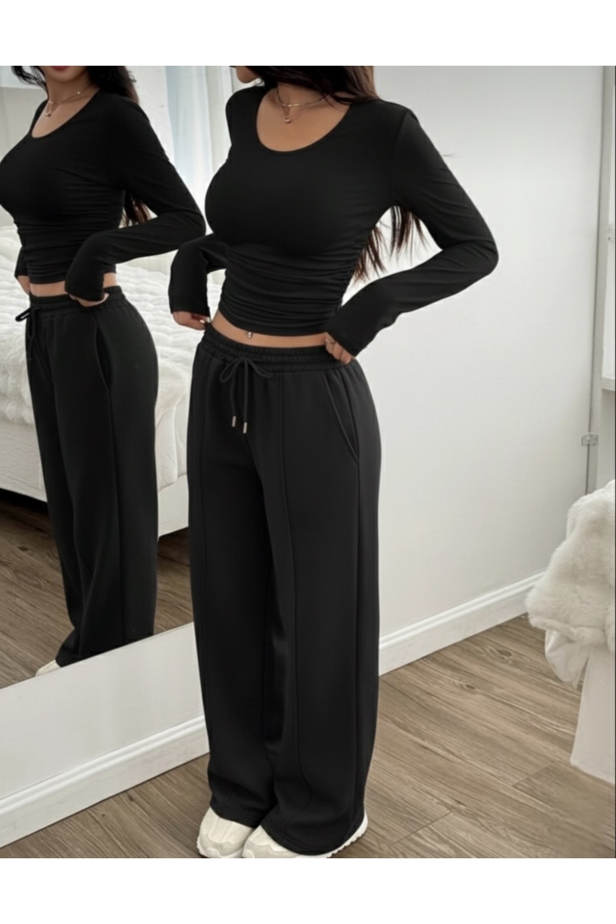 LACKH Черни панталони с шнур в талията, удобни за носене, еластични, отблъскващи влагата